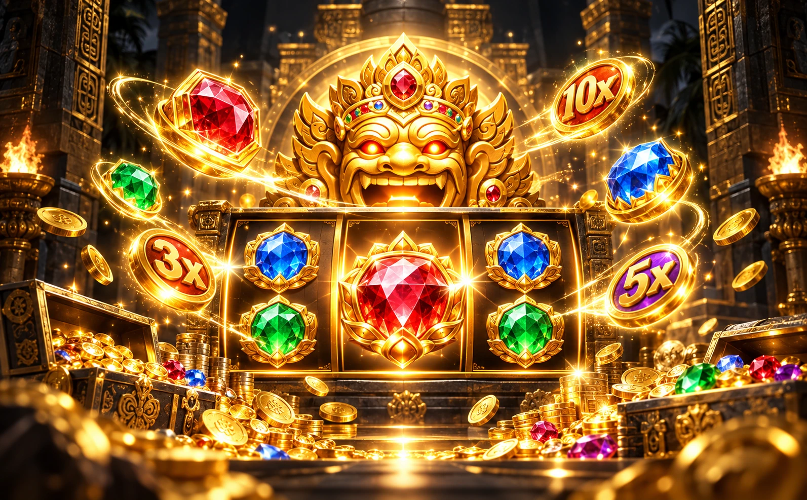 JILI Money Coming slot banner with treasure, coins and gem-filled reels